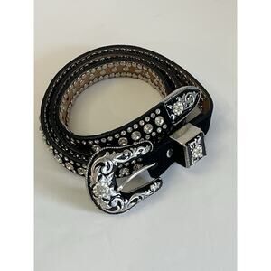 Nocona Y2K Black Suede Crystal Bedazzled Enamel Buckle Rhinestone Belt Women Xl